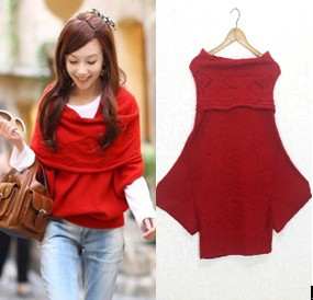 Women's autumn winter elegant sweet red slit neckline batwing sleeve sweater 6709 high quality