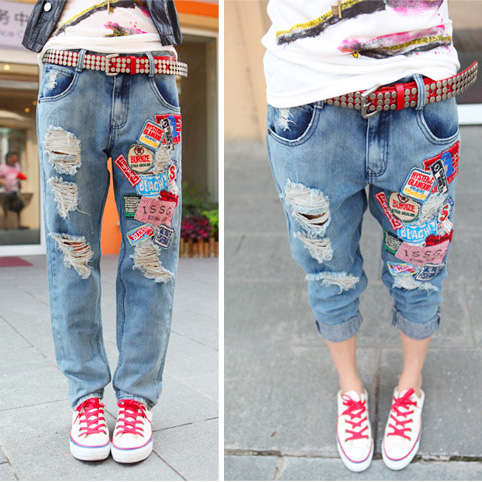 Women's Badge hole jeans female 2013 loose plus size denim pants straight harem pants free shipping