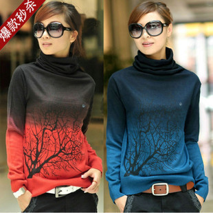 Women's basic shirt cashmere sweater turtleneck print sweater short design pullover female