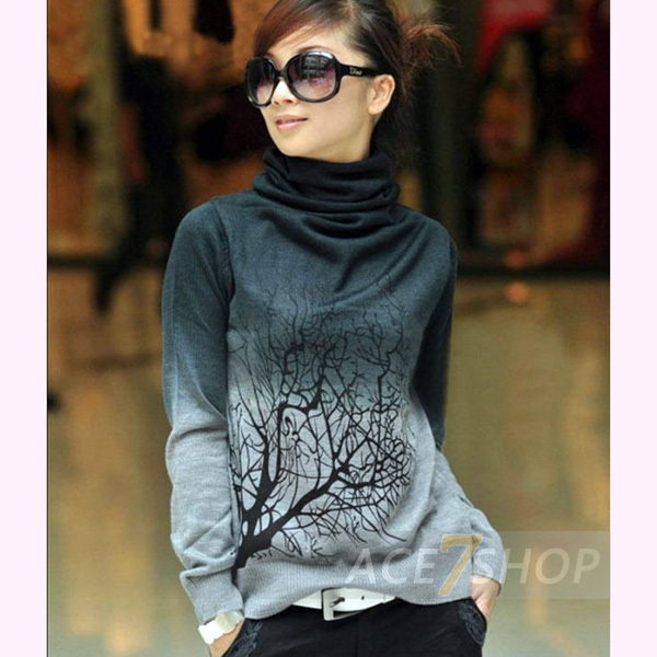 Women's basic shirt cashmere sweater turtleneck print sweater short design pullover female Grey Gradient clothing