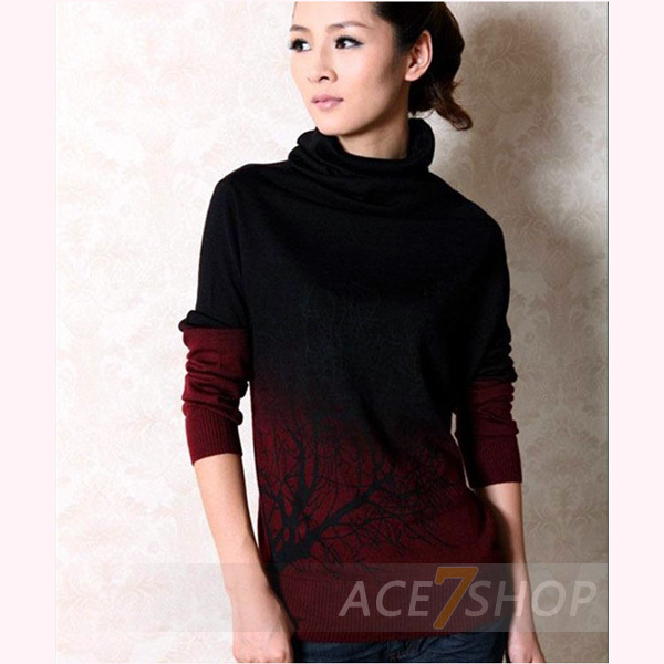 Women's basic shirt cashmere sweater turtleneck print sweater short design pullover female Wine Red Gradient clothing