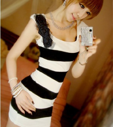 Women's black and white striped sexy dress o-neck tank dresses free shipping