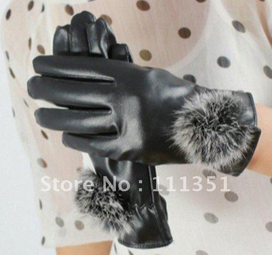 WOMEN'S Black Feather Faux Leather Warm Fashion Gloves 9*21.5cm