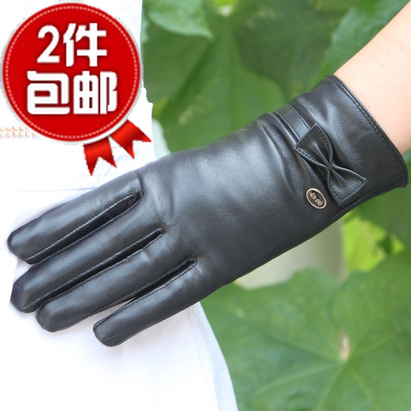 Women's black horizontal stripe bow suede gloves female thin genuine leather gloves genuine leather thermal leather gloves