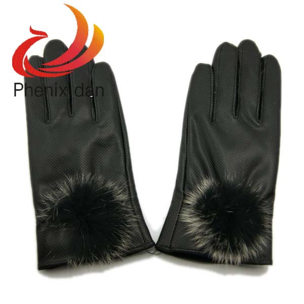 Women's Black Leather Dot Gloves Fox Fur Ball Winter Ladies Thermal Wrist Gloves Free Shipping