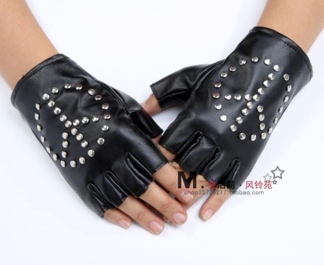 Women's black rivet fashion faux leather gloves semi-finger women's PU hip-hop semi-finger gloves