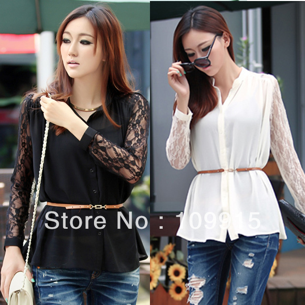 Women's Blouse W/Belt Long Sleeve Collarless Lady's OL Shirt Lace Button Chiffon  HR437