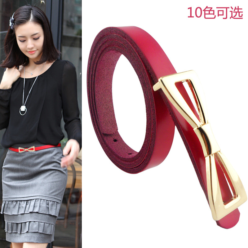 Women's bow all-match decoration metal buckle cowhide thin belt fashion genuine leather strap