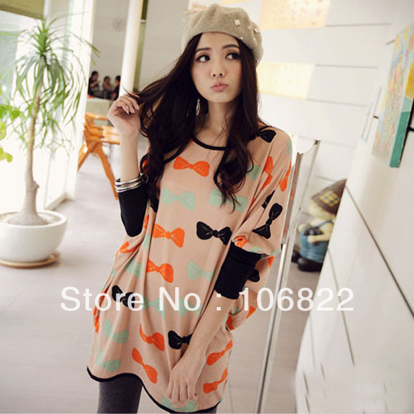 Women's Bowknot Print Batwing Sleeves Loose Knits Shirt  Tunic TopS HR423