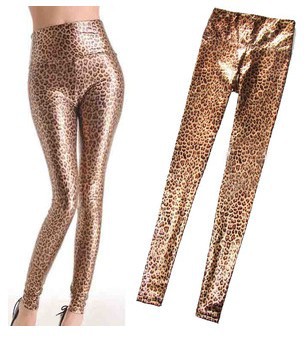 women's brown leopard wild high waist faux leather shinny leggings with 4 sizes