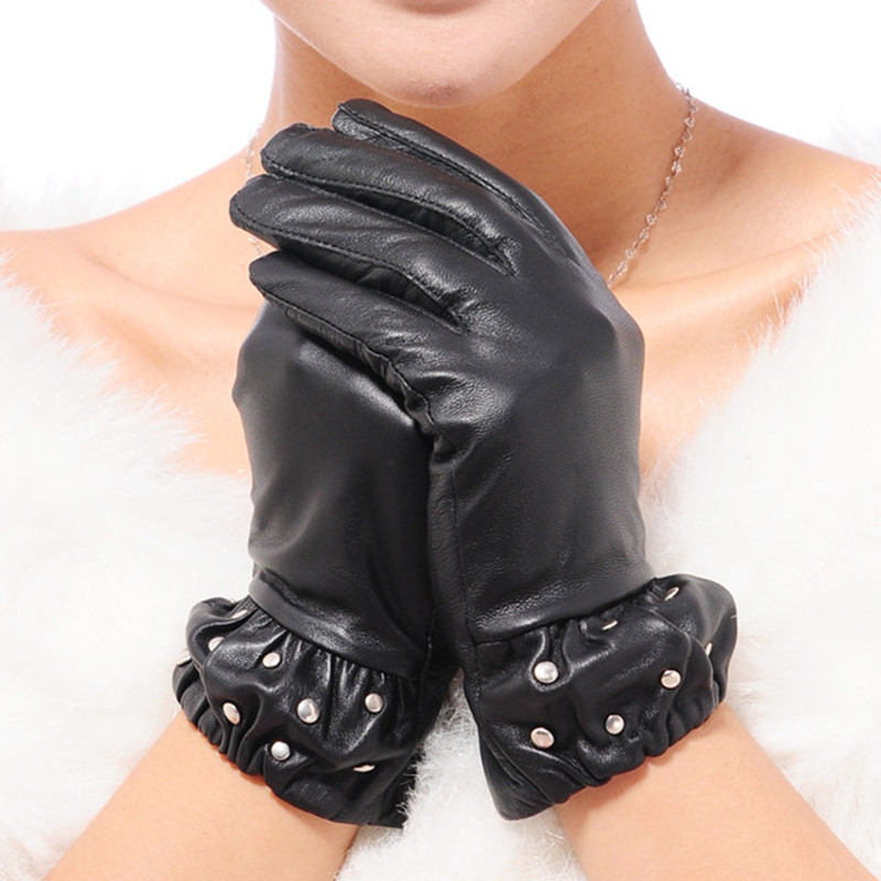 Women's bubble rivet leather gloves female genuine leather thin sheepskin gloves women's genuine leather gloves