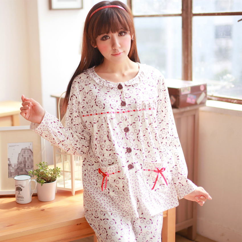 Women's butterfly long-sleeve cardigan sleepwear twinset autumn and winter casual lounge 100% cotton