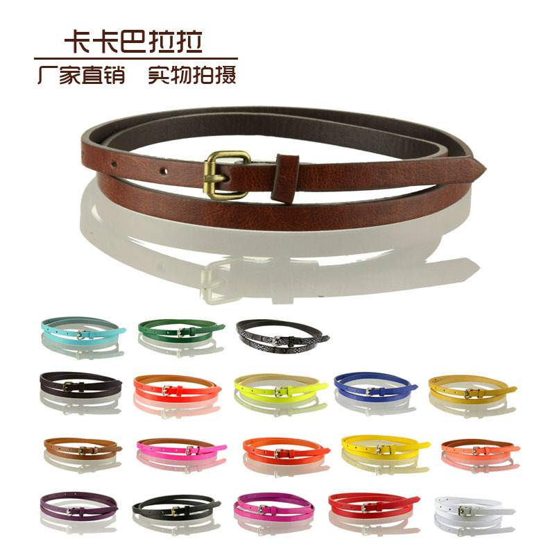 Women's candy color dual tieclasps japanned leather matte thin belt strap awb0