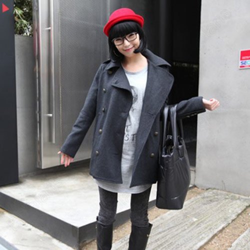 Women's Casual Big Size Lapel Double-Breasted Wool Loose Coat  Outwear Trench