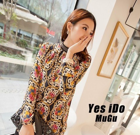 Women's chiffon shirt national trend stand collar shape print medium-long chiffon shirt 81125