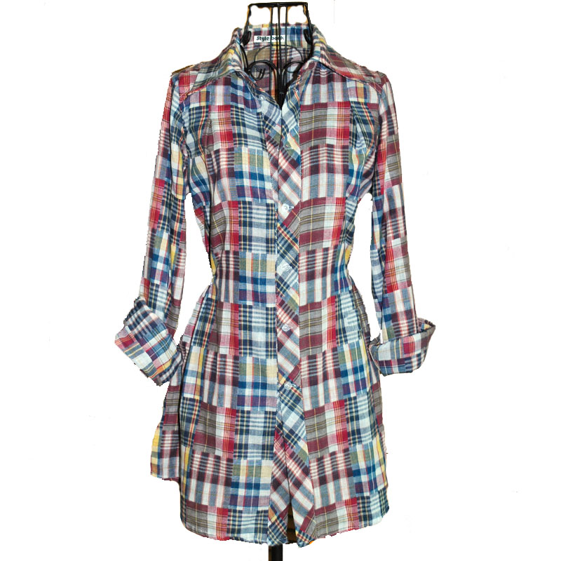 Women's classic british style slim waist medium-long turn-down collar long-sleeve plaid shirt