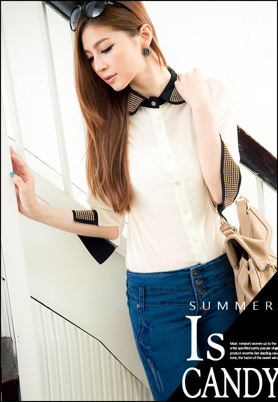 Women's coat, Paste bead collar sevenths no buckle sleeve chiffon shirt #J121