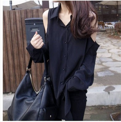 Women's complete black tops,Long-sleeved Sexy strapless shirt button-down