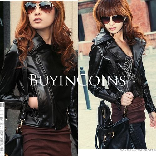 Women's Cool Stylish Lapel Inclined Zipper Faux Leather Short Jacket Coat CA1061 [20849|01|01]