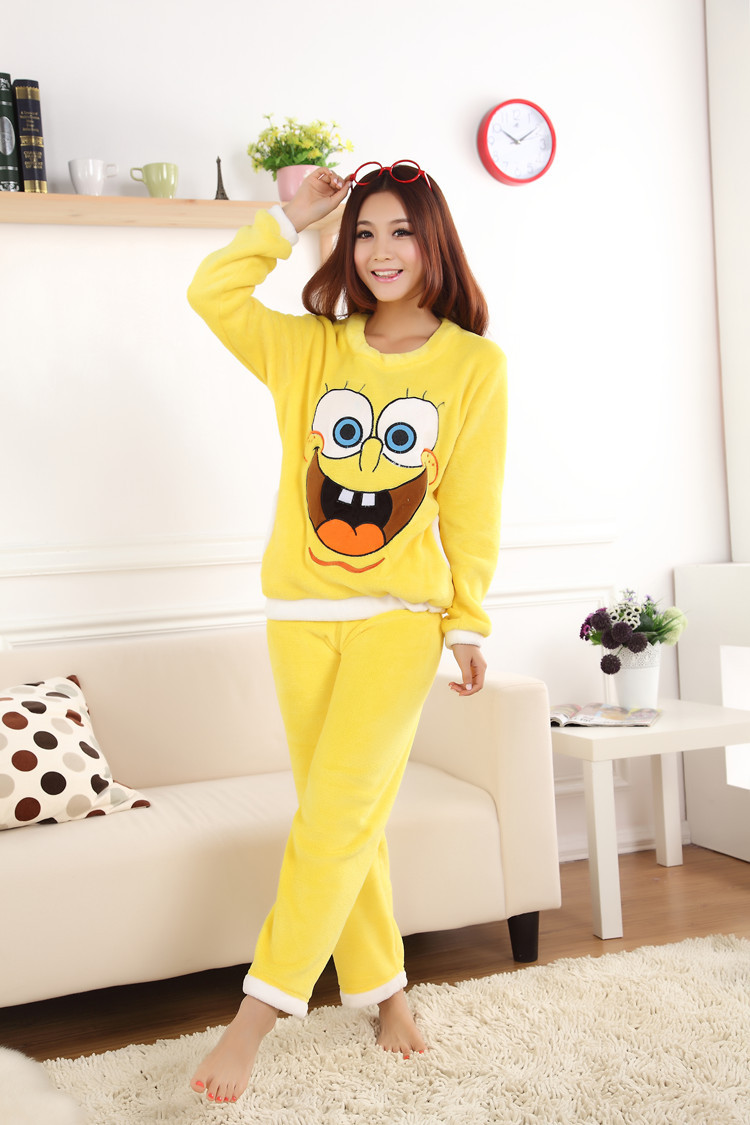 Women's coral fleece long-sleeve yellow sleep set autumn and winter o-neck pullover lounge sleepwear