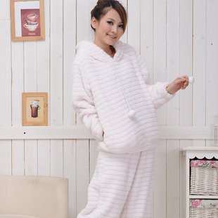 women's coral fleece sleep set  stripe color pullover set thickening   women's derlook nightclothes set