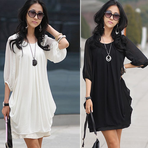 Women's Crew Neck Fashion Graceful Chiffon Casual Short Sleeve Mini Dress Pink White Black M L XL Size Free Shipping 0023