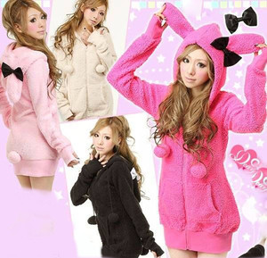 Women's Cute Bunny Ears Warm Sherpa Hoodie Jacket Coat Tops Outerwear