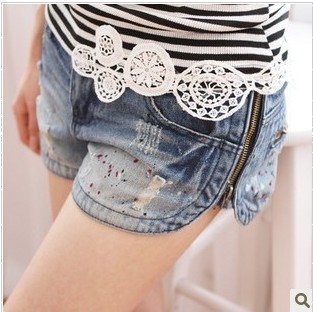 Women's d523 painted side zipper distrressed women's denim shorts