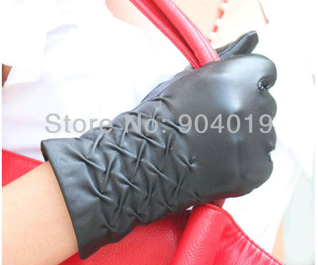 Women's Deluxe Genuine Leather Reffle Ruched Wrist Gloves Evening Winter Gloves