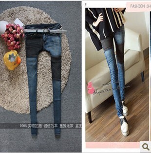 Women's Denim patchwork patch water wash blue denim jeans female skinny pants pencil pants trousers free shipping