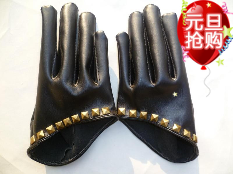 Women's diamond rhinestone genuine leather rivet gloves hip-hop punk gloves