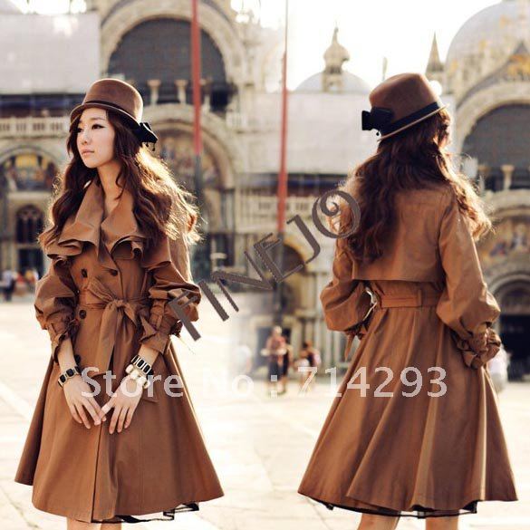 Women's Double-Breasted Flouncing Neck Long Slim Windbreaker Trench Coat free shipping 7958