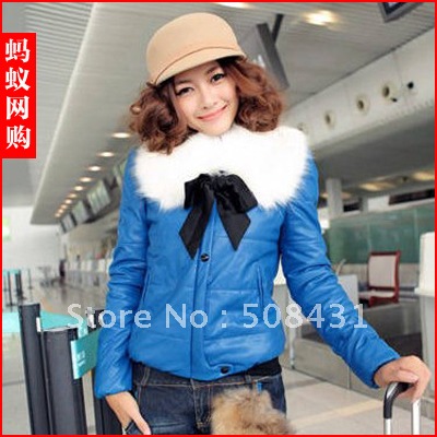 women's Down Parkas fur collar bow ribbon wadded jacket PU thickening short design coat free shipping