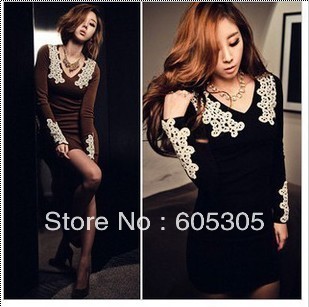 Women's dress fashion New lace dress black red brown 3 colors free shipping 996