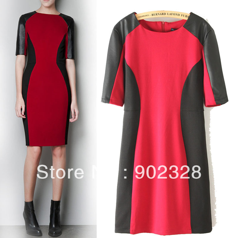 Women's Dress, PU Leather Patchwork Black Red Slim-Fit Short Sleeve Dresses Free Shipping