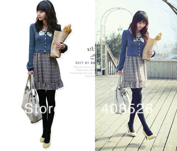 Women's Elegant Bowknot Long Sleeve Skirt False Two-Piece Chiffon Dress free shipping 8624