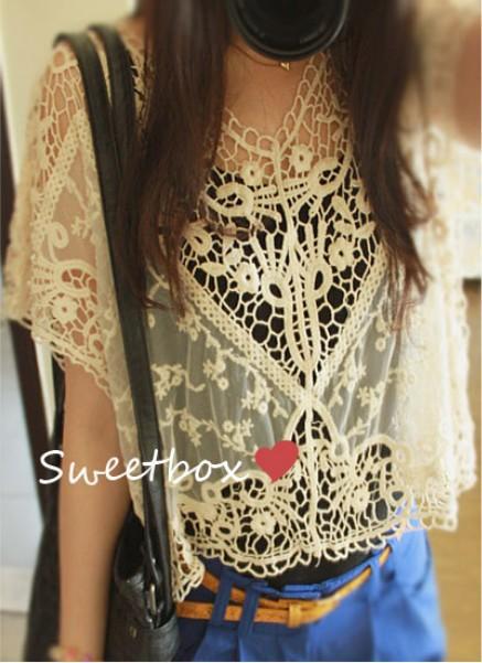 Women's Elegant Lace Sweet Hollow Out Crochet Knit Loose Blouse Tops