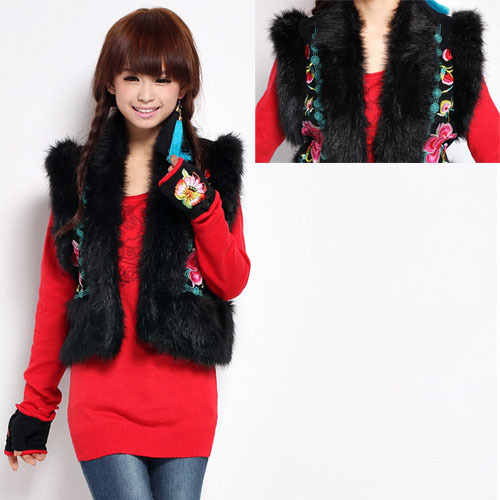 Women's embroidery flower fur collar cotton short vest design cardigan vest thermal vest waistcoat