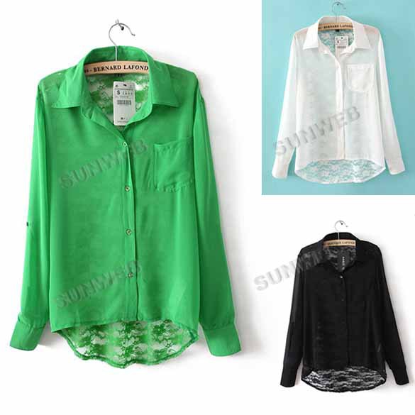 Women's Europe Style Lace Splicing Long Sleeves Chiffon Blouse Top 3 Colors S,M,L Free shipping 9431