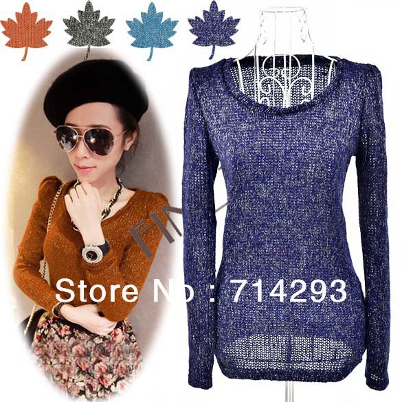 Women's Fashion Bling +Slim Fit +Long Sleeve Crewneck Backing knitted Sweater Dress 4Colors Free shipping 9271