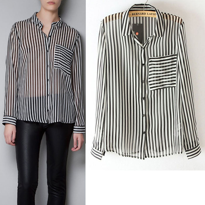 Women's Fashion Blouse,Long sleeve Black stripe Shirt Pocket, Elegant Casual Slim Brand Design,Free Shipping