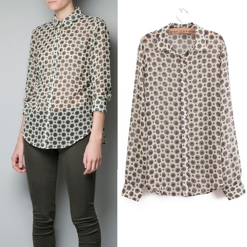 Women's Fashion Blouse,Long sleeve Shirt Round Geometric printing,Elegant Vintage Casual Brand Design,Free Shipping