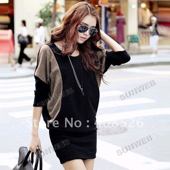 women's fashion Chic crew neck Batwing shirt Dolman long Sleeve Knit Dress free shipping 6260