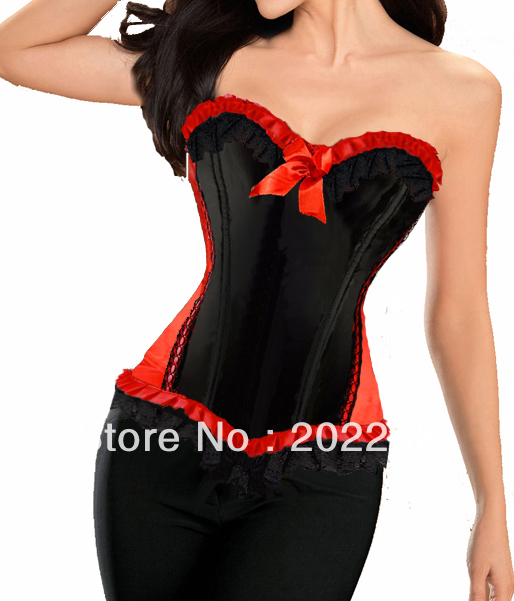 Women`s Fashion Clothes Black Boned Corset Busiter Lace Up & Red bow-knot 1586 Sexy Lingerie