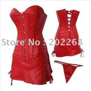 Women`s Fashion Clothes Gothic Faux Leather PU Red Corset Bustier & Skirt Lace Up Sexy Lingerie