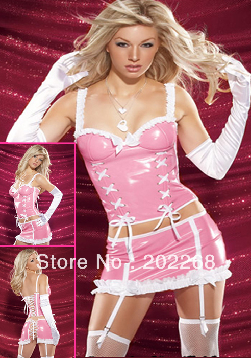 Women`s Fashion Clothes Pink Faxu Leather PVC Corset Busiter & Mini Skirt & Gater Lace Up 1402 Sexy Lingerie