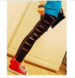 Women's fashion faux leather dull hole legging hole legging ankle length trousers