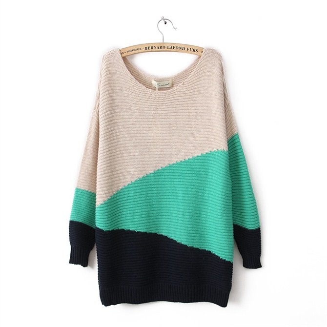 Women's Fashion Geometric Patchwork Pullover Irregular Geometric Figure Medium-long Thickening Loose Sweater Free Shipping