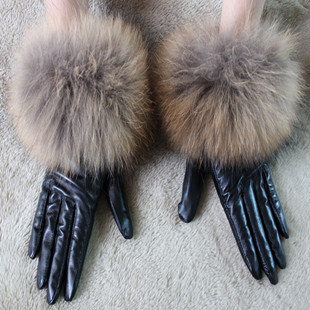 Women's Fashion leather new winter raccoon wool gloves han leisure paragraph warm velvet lining sheepskin gloves