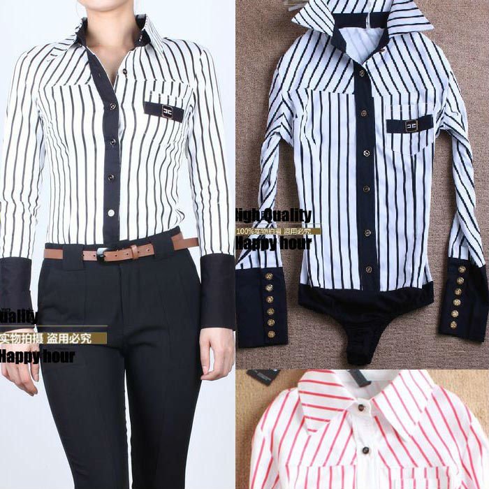 Women's fashion long-sleeve stripe body shirt OL blouses White, Red SY0057 Free shipping